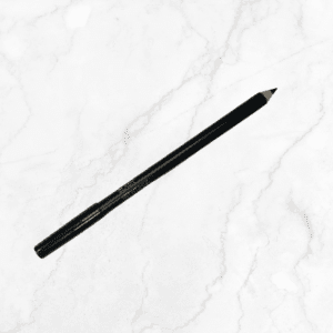 A black eyeliner pencil with a cap rests diagonally on white marble next to Flawless Glow Blush, creating a complete and polished makeup look.